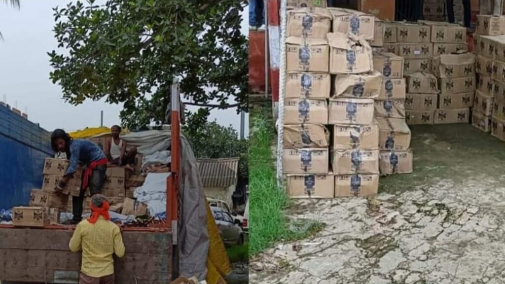 गुप्त सूचना के आधार पर दस चक्का से पुलिस ने की 360 कार्टन शराब जब्त, तस्कर और चालक फरार।
